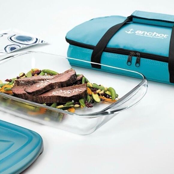 NWT Anchor Hocking 3Qt Essentials Bakentake Tote, medium Teal Blue & Clear - Picture 13 of 14